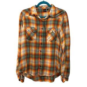 Cruel Denim Shirt Womens Small Plaid Western Pearl Snap Orange Green Rayon Rodeo